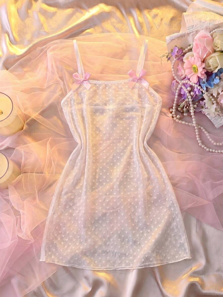 DelicateAllure Sexy Satin & Mesh Contrast Color See-Through Nightgown, Babydoll, Chic Autumn - White - View 1