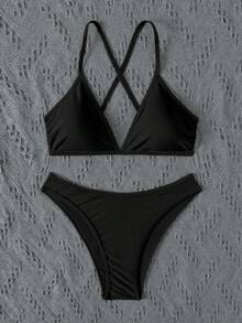 Bonvoyette 女款夏季海灘素色掛脖綁帶性感時尚比基尼兩件式泳衣套裝 - 黑色 - 查看 5