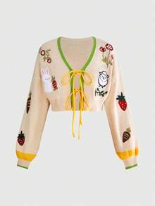 ROMWE Women's Lamb Rabbit Plant Embroidery Contrast Color Fairycore Mori Style Cardigan Cute Fashion - Beige - View 1
