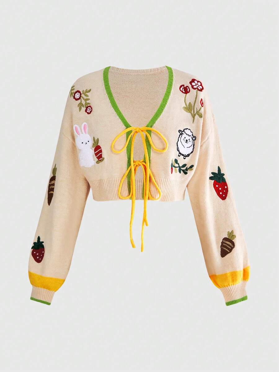 ROMWE Women's Lamb Rabbit Plant Embroidery Contrast Color Fairycore Mori Style Cardigan Cute Fashion - Beige - View 1