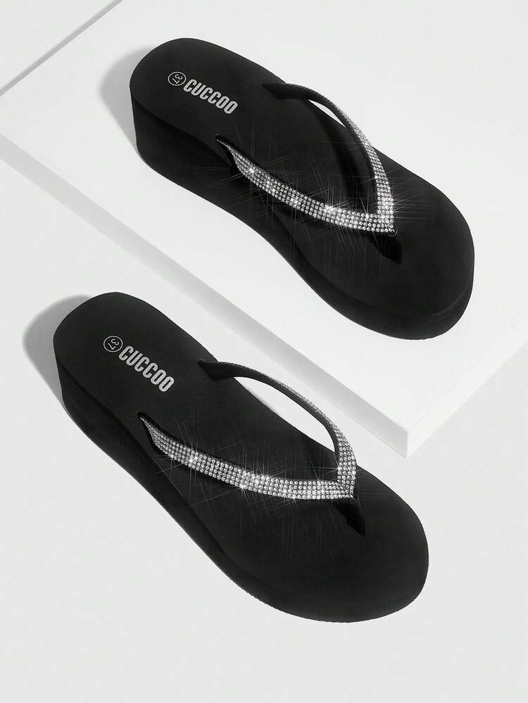 Woman Shoes Rhinestone Decor Toe Post Vacation Fashion Black Plastic Flip Flops For Summer Vacation Shoes Summer Back To School Shoes College Student Shoes Spring Shoes Spring Break Easter For Casual Beach Style For Christmas Beach Shoes Summer Shoes