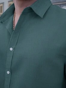 LEOGASHI LEOGASHI 男士纯色休闲亚麻长袖翻领衬衫，适合秋季外出穿着 - 綠色 - 查看 4