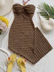 Vestido de mujer a rayas con frente plisado y lazo, atuendos de playa y vacaciones, atuendos de primavera y verano para mujeres - Café integral - Ver 5