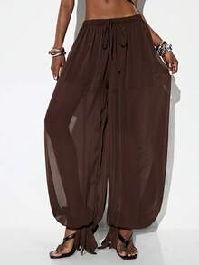 Aveloria GENKIRA Pantalon long femme en mousseline légère couleur café unicolore, style bohème de luxe pour vacances, taille basse, transparent et sexy, design à poignets avec lien, pantalon lanterne ballon, minimaliste avant-gardiste, cool moderne Y2K, polyvalent pour le trajet, décontracté et soirée - Marron - Voir 3