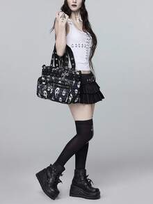ROMWE Túi tote in Grimace phong cách Y2K Gothic - Túi đeo chéo đính đá mặt nạ ma kinh dị Scream, túi xách thời trang thường ngày dung tích lớn, phù hợp du lịch và đi làm hàng ngày, Halloween - Sọc - Xem 4
