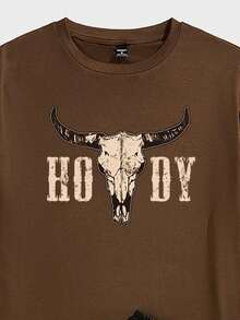 Torvinic Men's Casual Vintage Bull Skull Distressed HODY Print Coffee Color Short Sleeve T-Shirt Black Short Sleeve Set, Suitable For Summer Wear - Multicolor - View 2