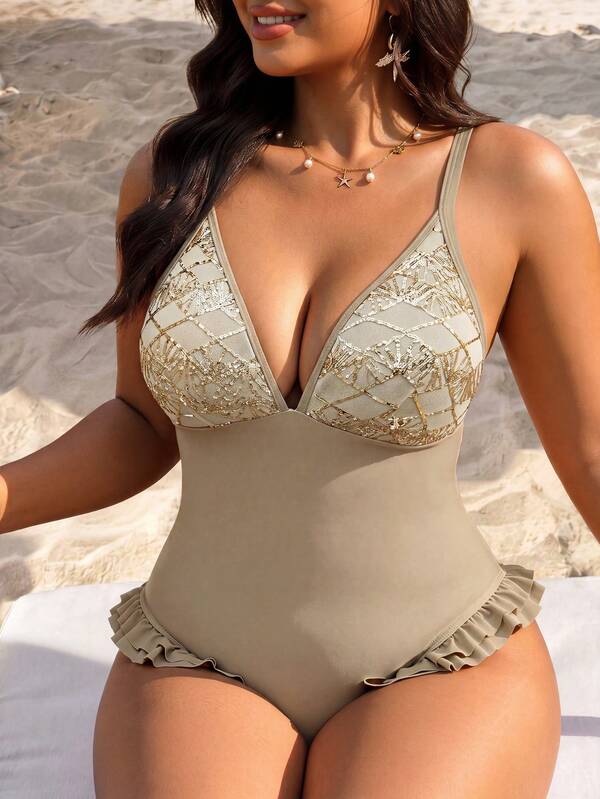 Elaquor Plus Size Women's Vacation Sequin Fashion Camisole One-Piece Swimsuit