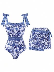 Swim Oasis 女款一件式泳衣，黑色蝴蝶結與大花朵設計，不對稱裙襬，春夏秋冬時尚休閒度假高級兩件套 - 藍白色 - 查看 4