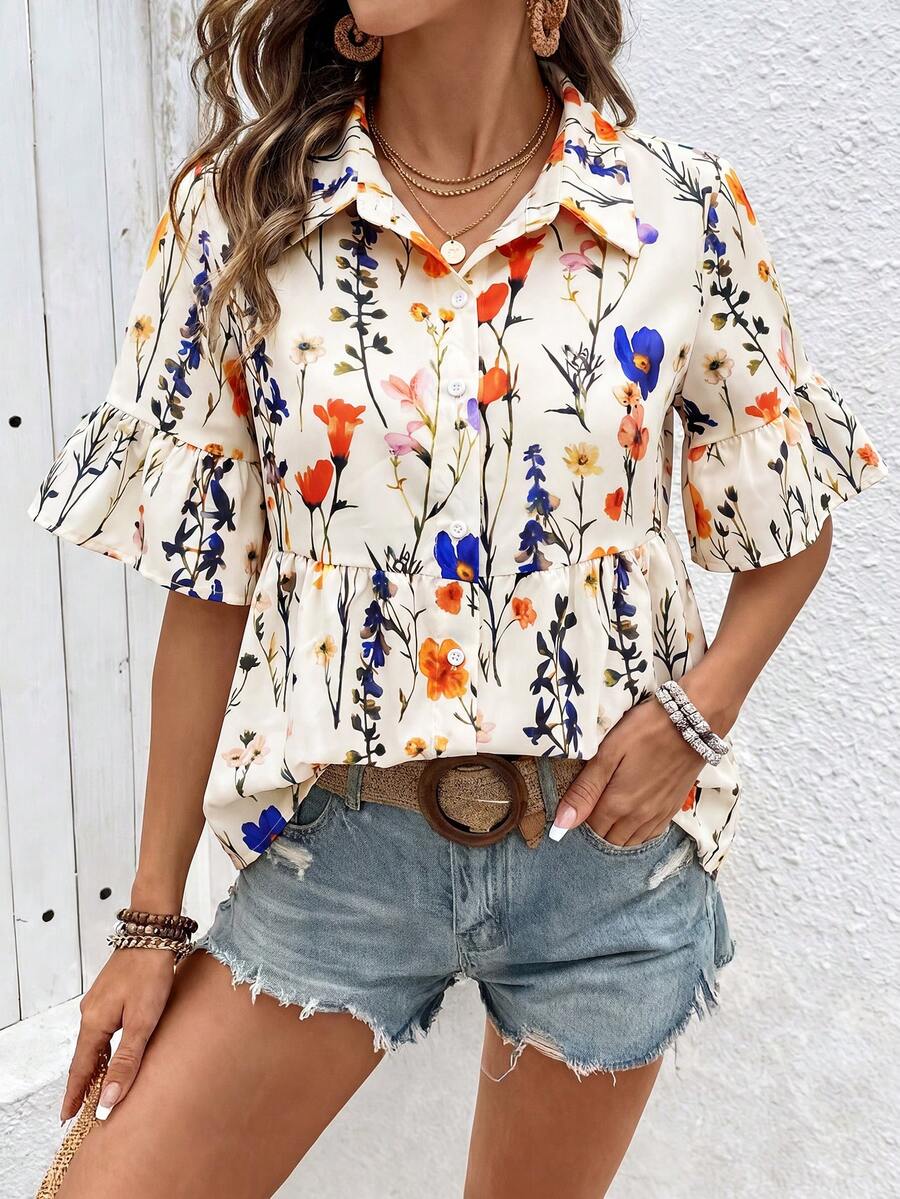 SHEIN Holidaya Women's Summer Fresh Beige Collar Shirt, Cherry Print All-Over Pleated Flare Sleeve Hem Loose Slimming Daily Commute Vacation Versatile Boho Brunch - Multicolor - View 1