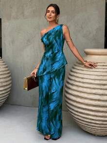 Flora Isola Flora Isola 女款春夏度假休閒熱帶風歐式性感優雅嬰兒藍不對稱領扭結上衣與長褲套裝，適合派對與夜晚外出 - 藍色 - 查看 4