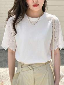 DAZY Women's Solid Color Lace Patchwork Short Sleeve T-Shirt, Casual And Fashionable For Daily Wear - White - View 8