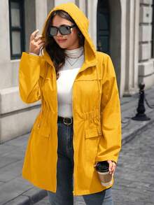 EMERY ROSE Plus Size Women's Cinched Waist Zipper Hooded Jacket - Yellow - View 5