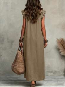 Hotletica Women's Solid Color Ruffle Hem Premium Texture Linen Casual Dress - Khaki - View 2