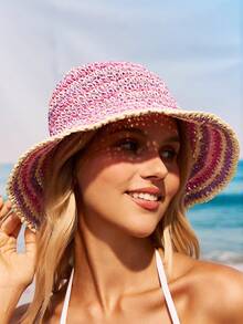 Swim Mod 1pc Rainbow Striped Straw Bucket Hat, Women Outdoor Fishing Cap, Woven Striped Bucket Hat, Large Size - Fixed Fit, Wide Brim Beach Vacation Straw Hat - Multicolor - View 13
