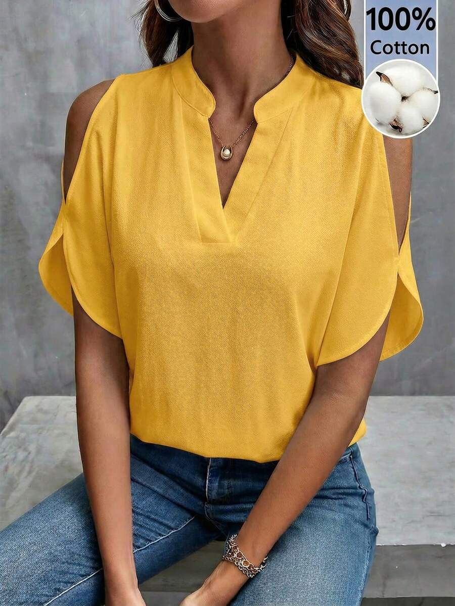 SHEIN Clasi 女款標準版小V領白色100%純棉短袖百搭春夏季上衣 - 黃色 - 查看 1