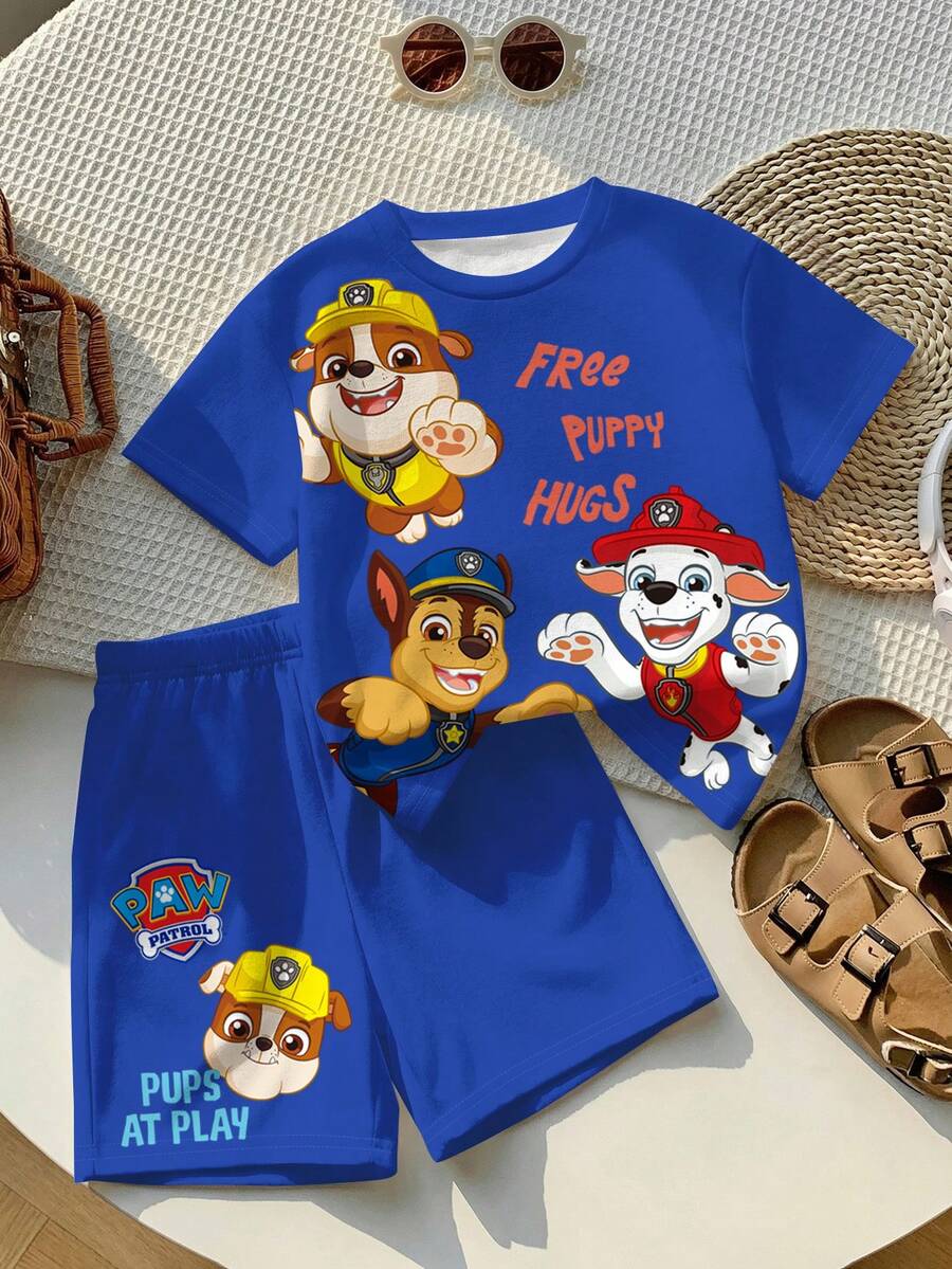 SHEIN | PAW Patrol 兒童小男孩圓領撞色滾邊字母卡通印花短袖T恤與短褲休閒日常套裝 - 彩色 - 查看 1