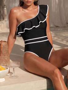 Swim Chiccia Women's Popular Ruffled Asymmetrical Shoulder Elegant One-Piece Swimsuit, Essential For Summer Pool And Beach Bathers Curve Swimming - Black - View 4