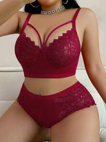 Divavoom 2 piezas Conjunto de lencería con sujetador inalámbrico de encaje de contraste y levantamiento para tallas grandes - Burdeos - Ver 4
