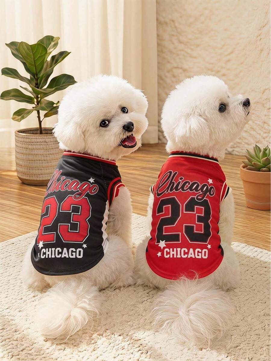 PETSIN 1pc Pet Dog Cat Chicago Black Number 23, Red Number 23 Jersey Striped Print Comfortable And Fashionable Sleeveless Vest - Multicolor - View 1