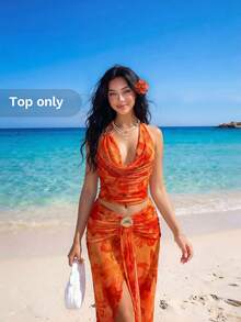 Sweetina Débardeur femme à imprimé floral asymétrique avec décoration métallique, idéal pour les vacances - Orange - Voir 1