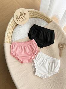 3pcs Baby Girl Knitted Casual Solid Color Elastic Waist Triangle Briefs - Black and White - View 3