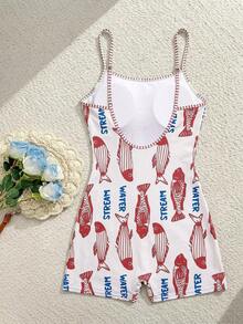 Swim SPRTY 2026 Spring/Summer New Off-White Fun Fish Stripe Patchwork Print Sports Tropical Vacation Beach Seaside Casual Women's One-Piece - Multicolor - View 7