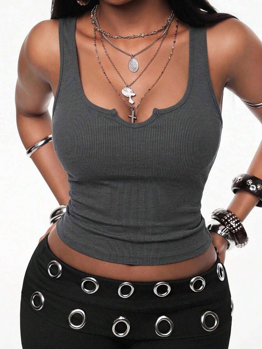 Coolane Camiseta interior de mujer de punto acanalado de unicolor, ajustada y sin costuras - Gris Oscuro - Ver 1