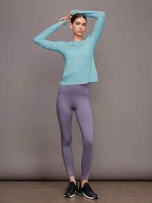 Activina Solid Color Round Neck Loose Fit Long Sleeve Sports T-Shirt, Spring/Summer - Blue - View 3