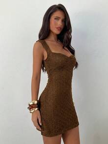 Aloruh Vestido mini de mujer de cuello cuadrado elegante, cintura ajustada y tela texturizada de unicolor - Café - Ver 4