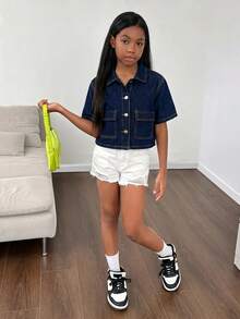 SHEIN 青少年女孩深藍色牛仔寬鬆短版夾克 度假 世界盃 - 藍色 - 查看 3