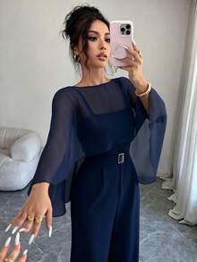 SHEIN Raffinéa 女款網格拼接休閒日常旅行連身褲 - 藏蓝色 - 查看 3