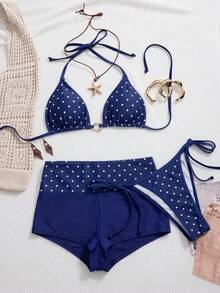 Swim Mod 26SS Spring/Summer Vacation Beach Polka Dot Bikini With Shorts 3 PiecesSwimsuit Set - Multicolor - View 4