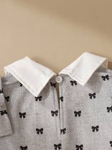 SHEIN Young Girls' 2 In 1 Dress With Bowknot Print, White Puff Short Sleeves, Cinched Waist, A-Line Bowknot Design, Patchwork Detail, Suitable For Parties, Outings And School Wear - Grey - View 6