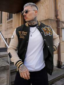 Artur Kramer Men's Long Sleeve Casual Street Fashion Collegiate Style Letter Applique Contrast Striped Trim Rave Baseball Jacket, Autumn/Winter - Multicolor - View 2