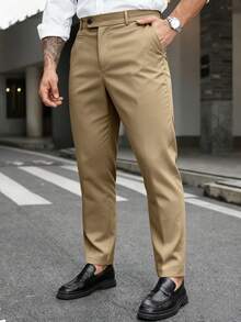 Manfinity Mode Pantalones de traje casuales versátiles de unicolor para hombres de talla grande para ir al trabajo - Caqui - Ver 5
