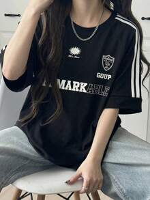 DAZY Round Neck Striped Side Slit T-Shirt Oversized T-Shirt,Graphic Tees School Cute Tops - Black - View 10