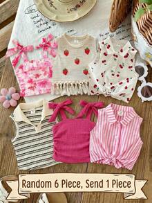 SHEIN [Random 6 Piece, Send 1 Piece]!Surprise Box !!!!Young Girl Solid Color Striped Floral Ruched Casual Tank Top - Hot Pink - View 5