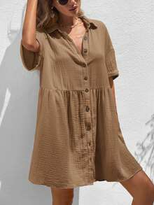SHEIN VCAY Plus Size Shirt Collar Batwing Sleeve Patchwork Dress - Brown - View 4