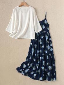 Rusticease 女款度假休閒純色上衣與碎花印花細肩帶洋裝兩件組 - 藏蓝色 - 查看 5