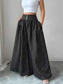 Elenzga Women's High Waist Striped Casual Fashion Long Pants - Black - View 5