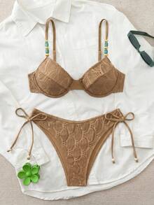 Swim Chiccia 26SS 春夏度假海灘紋理面料綠色鋼圈托高比基尼泳衣兩件套 - 摩卡棕 - 查看 3