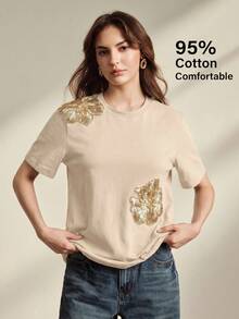 Anewsta Women's Elegant Short Sleeve Crew Neck Fitted T-Shirt, Summer - Apricot - View 4