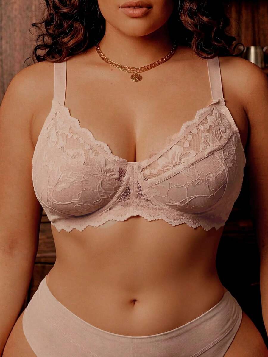 Divavoom 1pc Plus Size Women's Lace Patchwork Underwire Bra, Comfortable, Lift - Brown - View 1