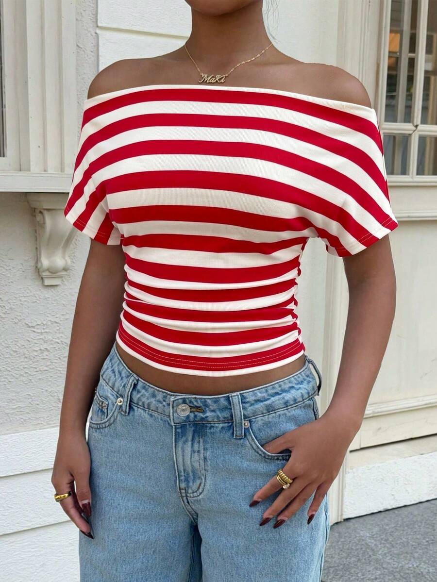 Muchica Women's Spring/Summer New Knit Red And White Stripe Off-Shoulder Ruched T-Shirt Vacation Casual - Red and White - View 1