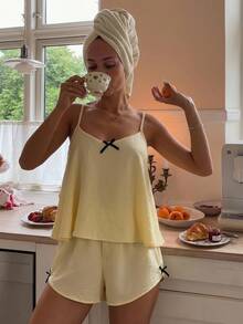 DAZY Women's Bow Decor Camisole And Shorts Pajama Set Summer - Yellow - View 8