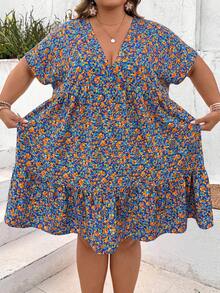 SHEIN CURVE+ Plus Size Women's Summer Leisure Vacation Short Style Baby Blue Ditsy Floral Back To School Teacher Work Vacation Clothes Women's Dress Boho Vacation - Multicolor - View 5