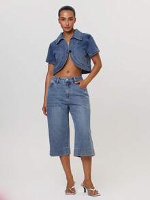 MUSERA Blue Denim Fitted Capri Three Quarter Length Low Rise Pants - Blue - View 2