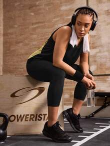 Powerista Top deportivo de tirantes para mujer talla grande con bloques de color, patchwork y diseño calado - Negro - Ver 6