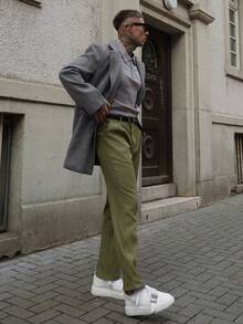 Artur Kramer Men's Solid Color Pleated Slim Straight Suit Pants - Army Green - View 6