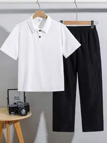 SHEIN 2件組兒童青少年男童休閒學院風白色領子POLO衫與黑色長褲套裝，適合春/夏、情人節、約會、夏季穿搭、海邊週末、家庭聚會、開學季、婚禮季、運動、生日派對 - 彩色 - 查看 3